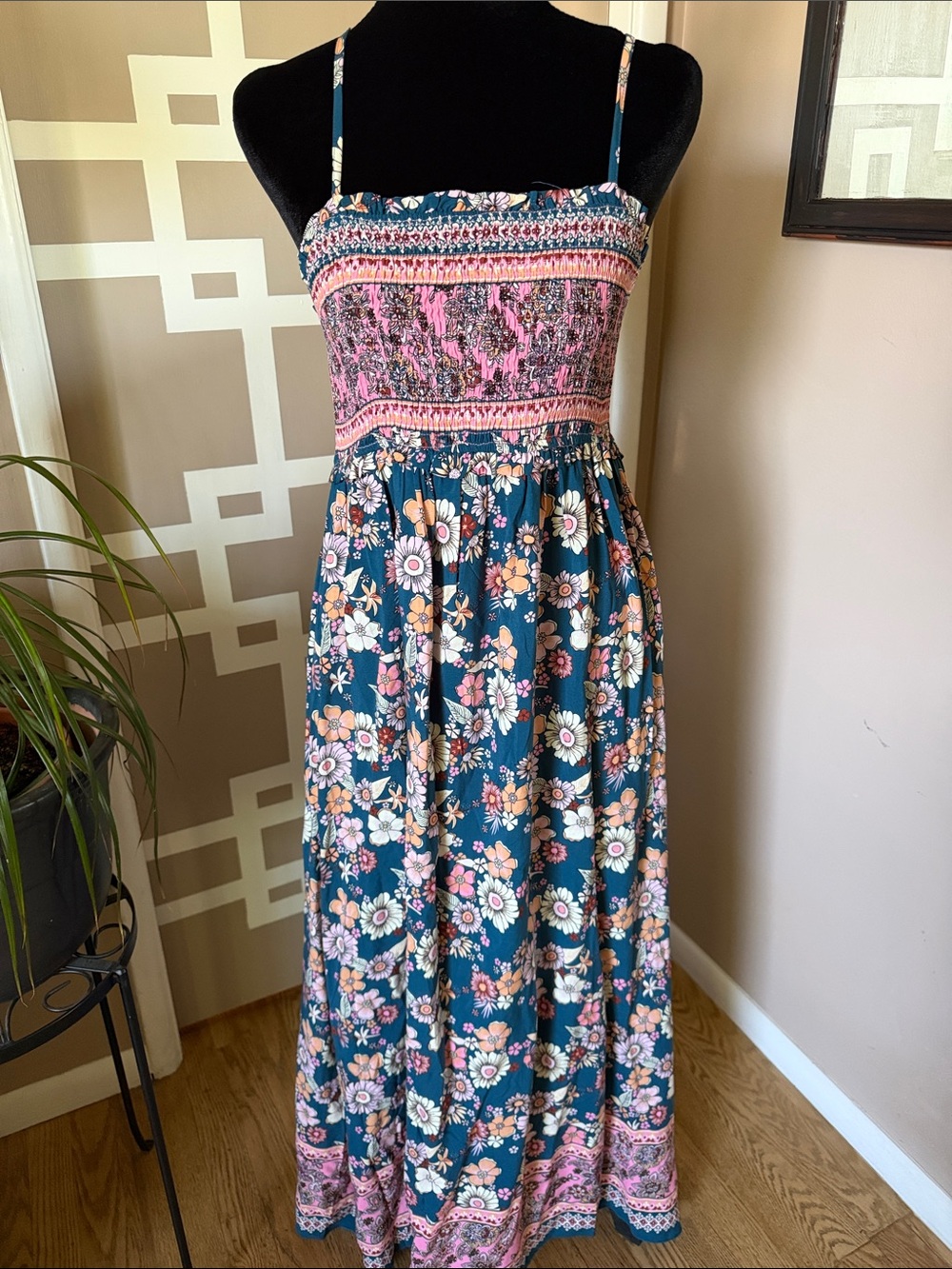 Cupshe Spring Blooms Teal and Pink Floral Smocked Maxi Dress NEW WITH TAGS Sz M